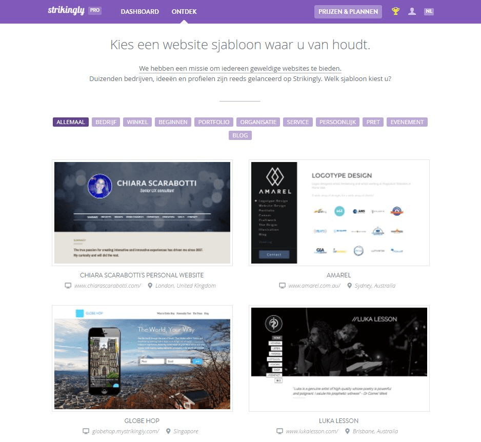 Strikingly templateselectie Strikingly templateselectie